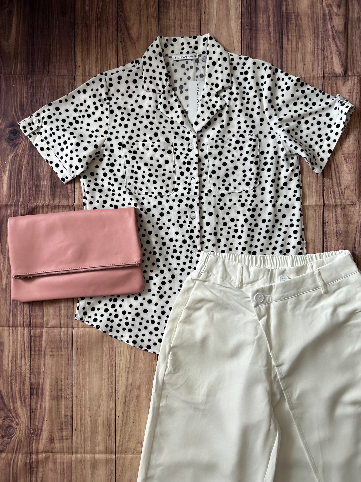 White Shirt with Black Polka Dot Desing