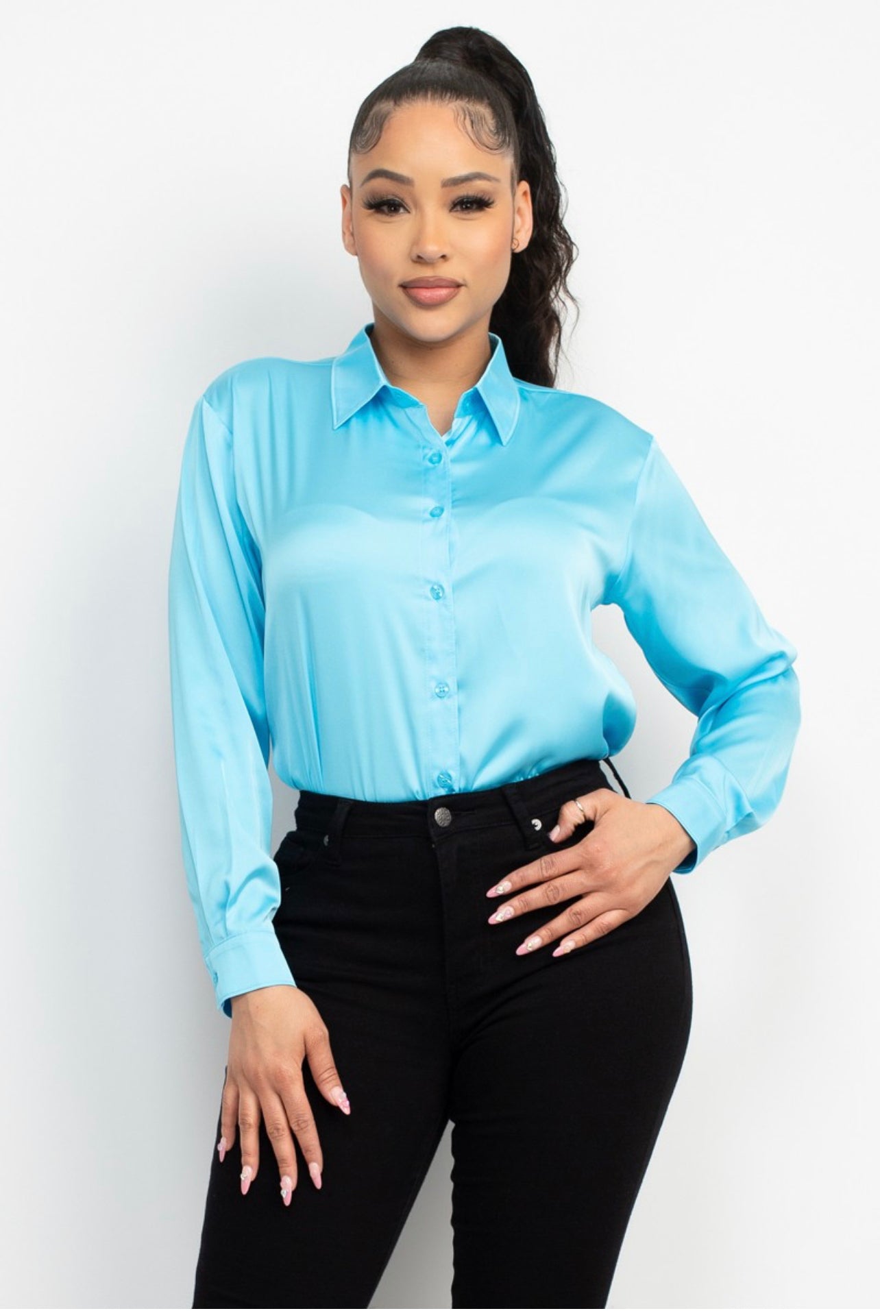 Aqua Blue Long Sleeve Santin Top