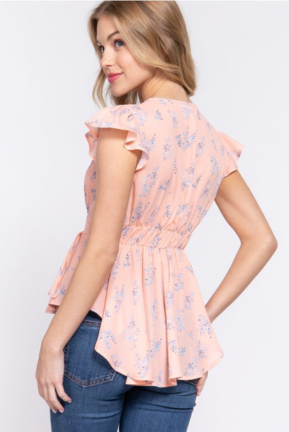 Peach Ruffle Sleeve V-Neck Top