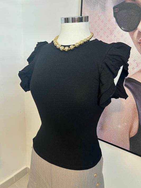 Ruffle Sleeve Black Top