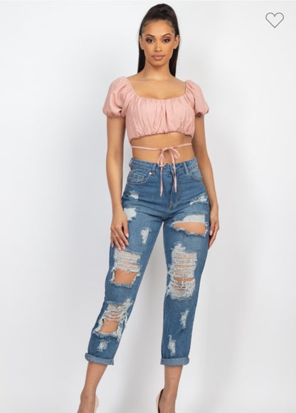 Destroying Rolled Hem Boyfriend Jeans